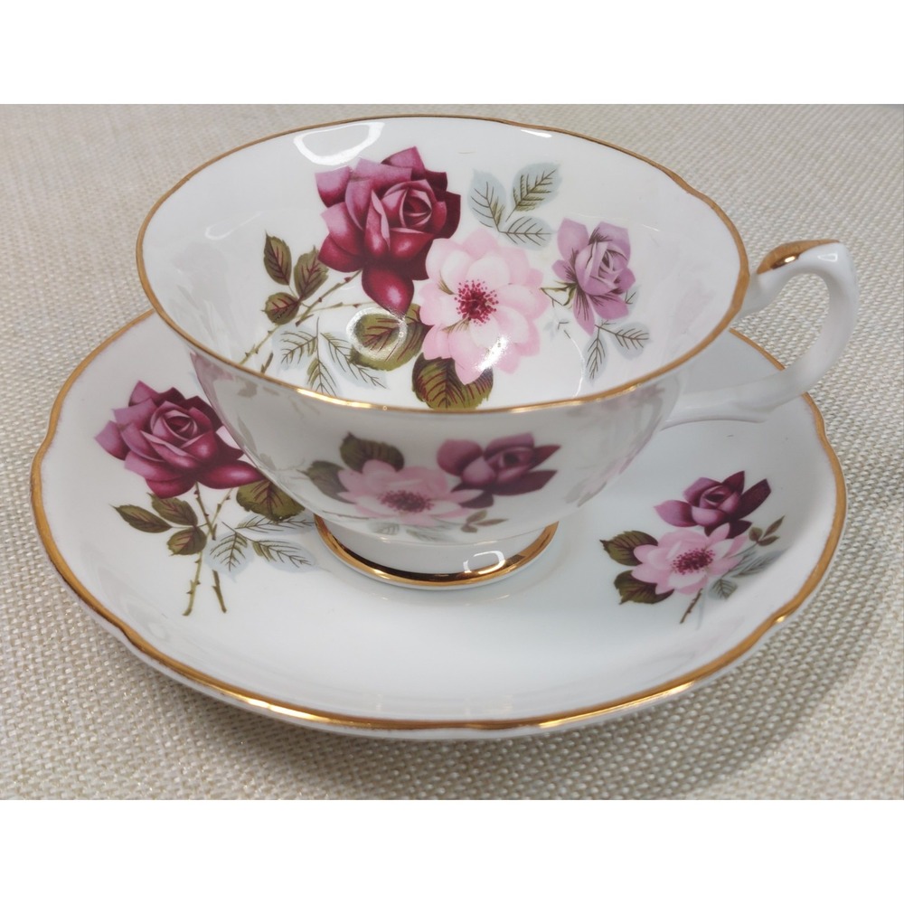 Royal Grafton Pink Roses Gold Bone China Teacup Saucer Victorian Garden Fairy